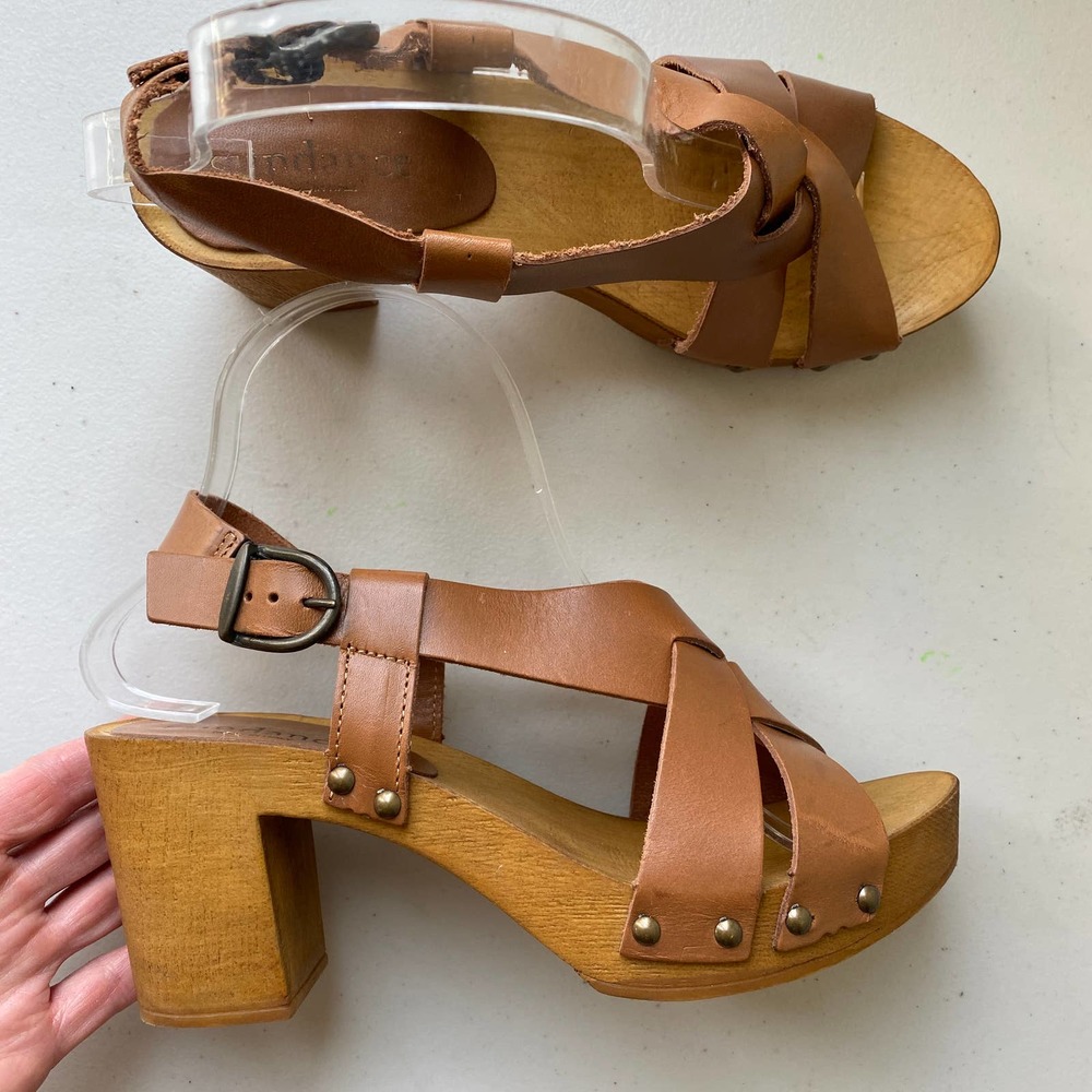 Sundance Wooden Platform Heels Leather Cross Weave Slingback Sandals 38 or US 8